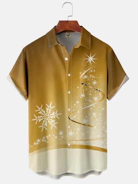 

Christmas Tree Chest Pocket Short Sleeve Casual Shirt, Yellow, Men Shirts