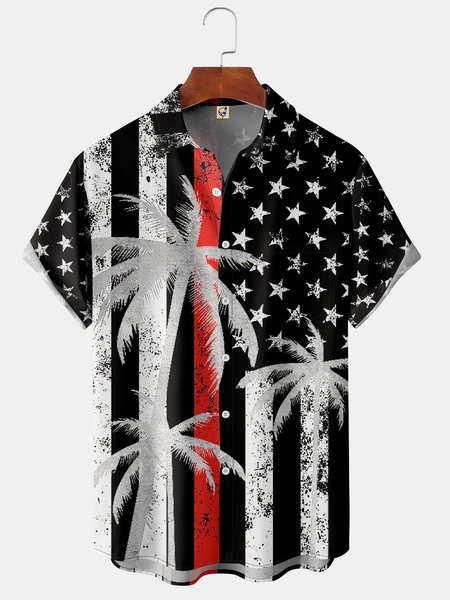 

American Flag Coconut Tree Chest Pocket Short Sleeve Hawaiian Shirt, Black, Men Shirts