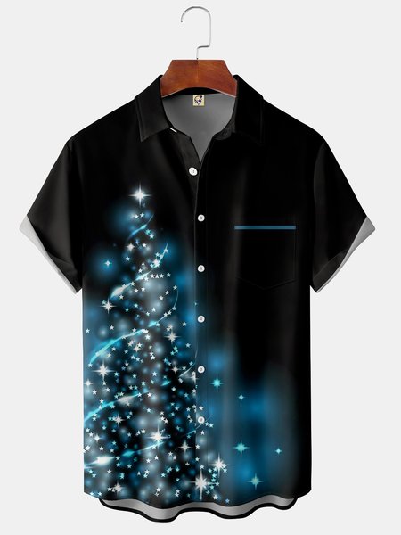 

Christmas Tree Chest Pocket Short Sleeve Shirt, Blue, Men Shirts