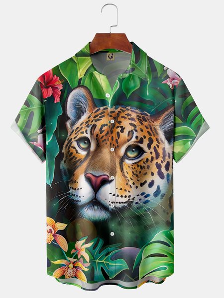 

Tropiacal Leopard Chest Pocket Short Sleeve Hawaiian Shirt, Green, Men Shirts