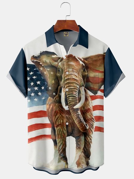 

American Elephant Chest Pocket Short Sleeve Casual Shirt, Blue, Men Shirts