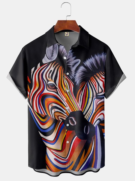 

Zebra Art Painting Chest Pocket Short Sleeve Casual Shirt, Black, Men Shirts