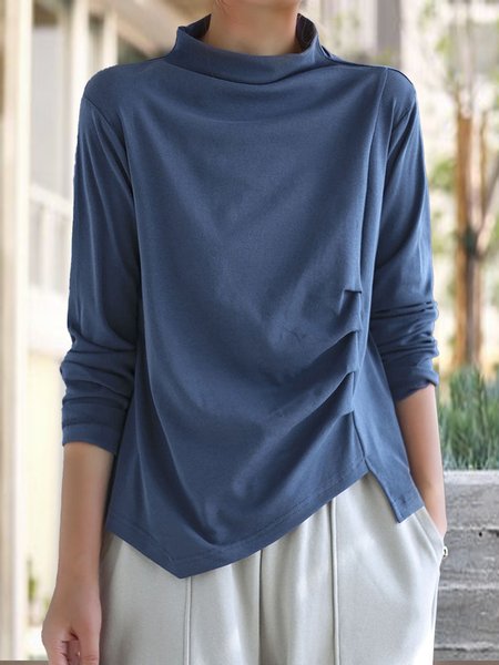 

Vintage Blue Turtleneck asymmetrical design Patchwork Fall Top, Tops