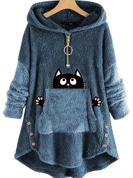

Loose Casual Fluff/Granular Fleece Fabric Tunic Sweatshirt, Blue, Hoodies & Sweatshirts