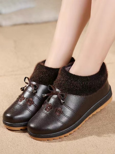 

Embroidered Floral Bow Fur Warm Fleece Booties, Coffee, Boots