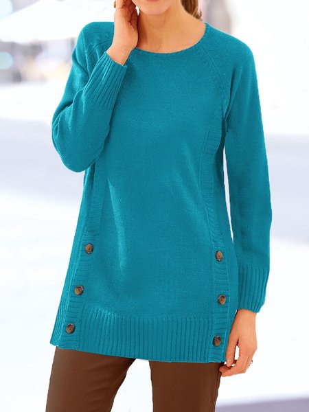 

Crew Neck Loose Casual Button Yarn/Wool Yarn Sweater, Blue, Sweaters