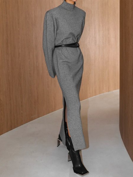 

Elegant Simple Plain Stand Collar Long Sleeve Dress, Gray, Maxi Dresses