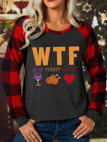 

WTF Wine Turkey Family Women's Long Sleeve Buffalo Plaid T-Shirt, Gray, Long sleeves