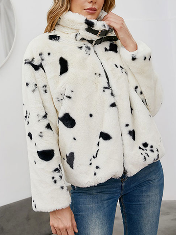

Animal Casual Loose Teddy Jacket, Black-white, Coats