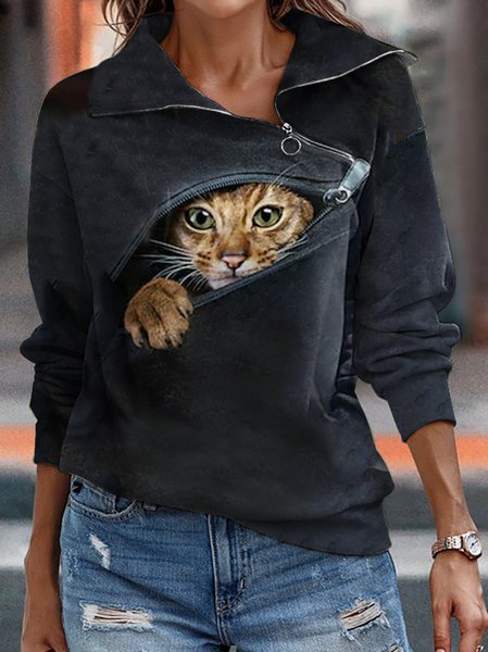 

Fun Cat Zip Collar Sweatshirt, Deep gray, Clothing