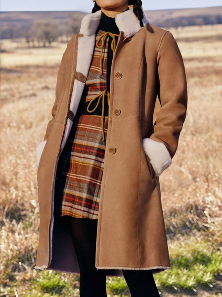 

Stand Collar Color Block Regular Fit Teddy Jacket, Khaki, Outerwear
