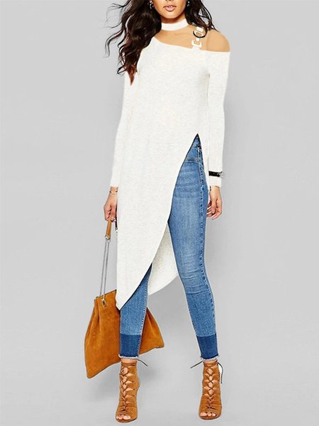 

Asymmetrical Urban Regular Fit Long Sleeve Plain Top, White, Tops