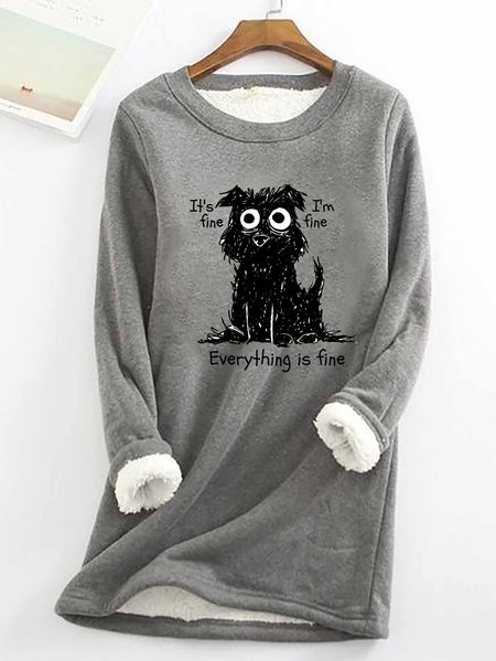 

Women Everything Is Fine Funny Dog Crew Neck Simple Warmth Fleece Sweatshirt, Deep gray, Hoodies&Sweatshirts