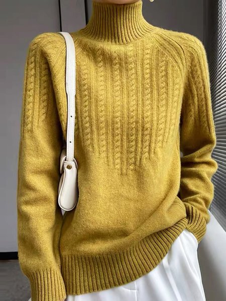 

Plain Urban Loose Long Sleeve Turtleneck Sweater, Yellow, Pullovers