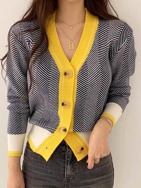 

Color Block Urban Loose V neck Long sleeve Sweater Coat, As picture, Cardigans