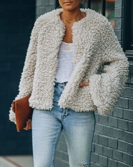 

Crew Neck Urban Plain Long sleeve Teddy Jacket, White, Others