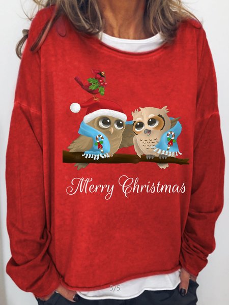 

Womens Christmas Owls Print Casual Crew Neck Top, Red, Long sleeves
