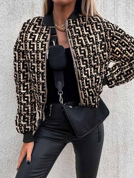 Stand Collar Text Letters Long Sleeve Jacket, Black, Jackets