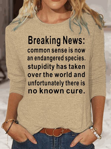 

Womens Funny breaking news Letters Casual Top, Apricot, Long sleeves