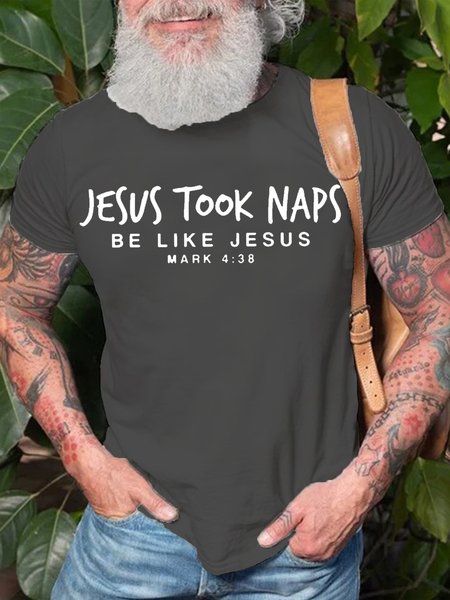 

Mens Jesus Took Naps Letters Casual Cotton T-Shirt, Deep gray, T-shirts