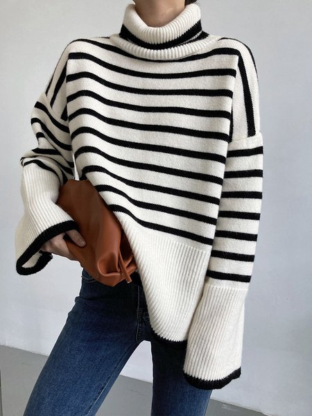 

Long sleeve Daily Geometric Loose Turtleneck Sweater, Off white, Pullovers