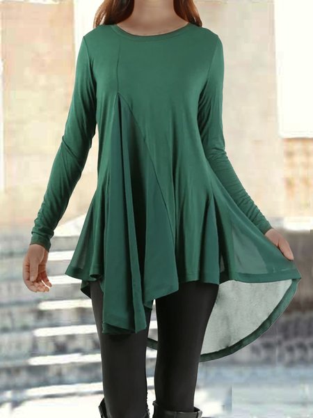 

Crew Neck Loose Knitted Chiffon Tunic Top, Green, Tops