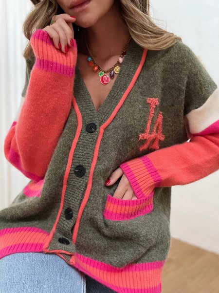 

Color Block Wool/Knitting Regular Fit Sweater Coat, Red, Cardigans