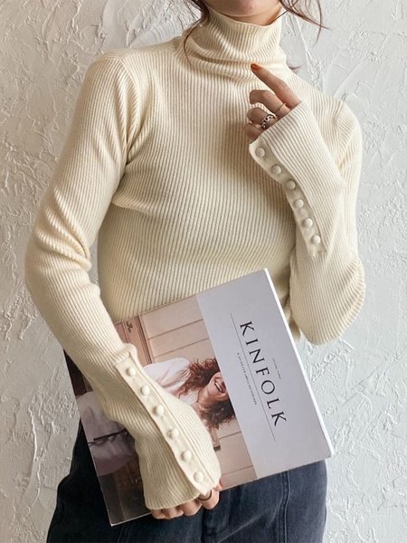 

Casual Regular Fit Buttoned Turtleneck Sweater, Beige, Sweaters