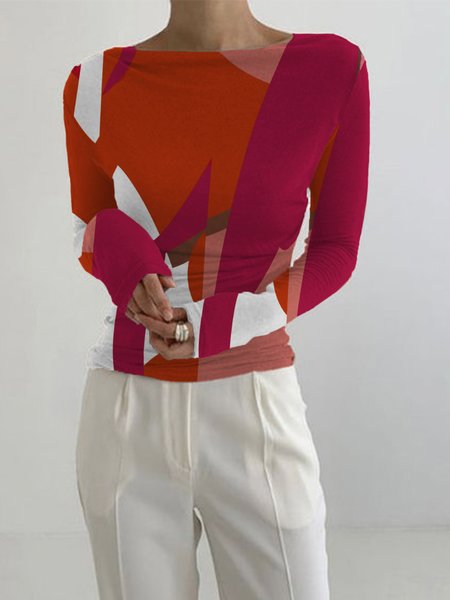 

Boat Neck Urban Color Block Long Sleeve Tight T-Shirt, Multicolor, Tees