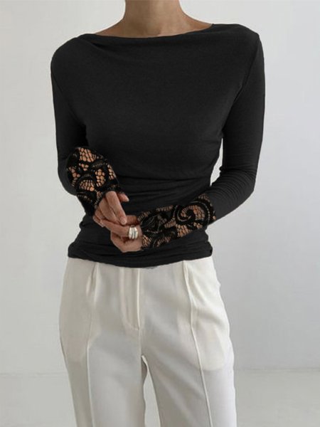 

Plain Elegant Long Sleeve Tight Boat Neck T-Shirt, Black, Tees