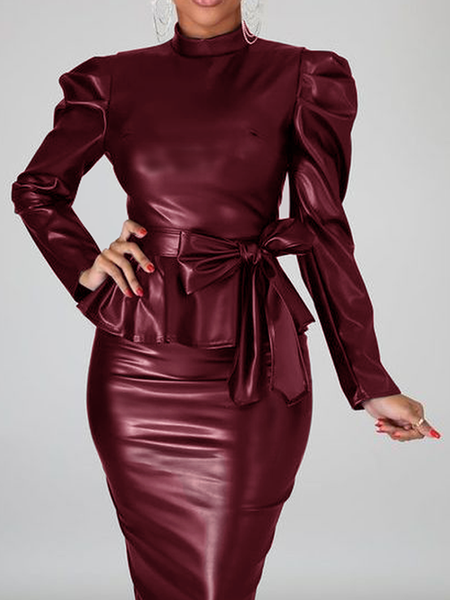 

Regular Fit Micro-Elasticity Plain Elegant Long sleeve Blouse, Wine red, Blouses and Shirts