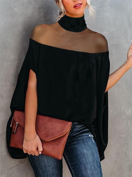 

Loose Plain Turtleneck Elegant Blouse, Black, Blouses and Shirts