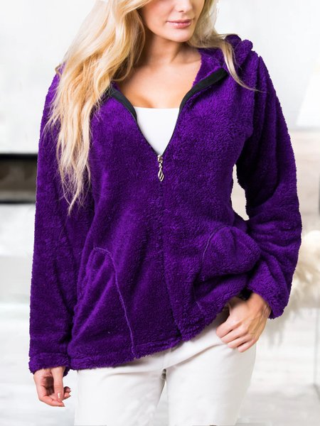 

Loose Hoodie Plain Zipper Teddy Jacket, Purple, Coats