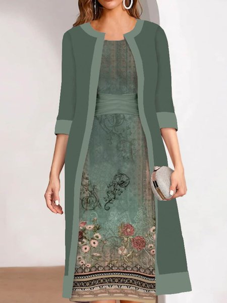 

Regular Fit Crew Neck Two-Piece Set, Green, Midi Dresses