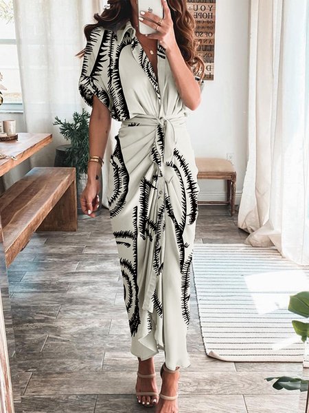 

Regular Fit Vacation Abstract Short Sleeve Midi Dress, Black, Midi Dresses