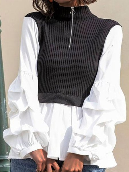 

Regular Fit Lantern Sleeve Half Turtleneck Casual Zipper Sweater, Gray, Sweaters