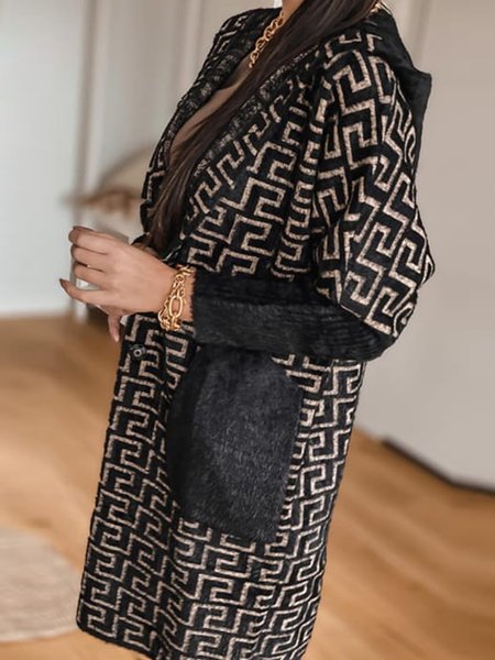 

Hoodie Woolen Geometric Hoodie Overcoat, Black, Coats