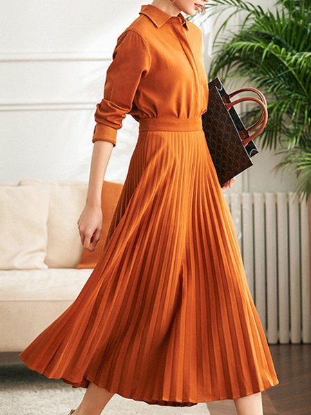 

Daily Long sleeve Regular Fit Elegant Plain Dress, Orange, Midi Dresses