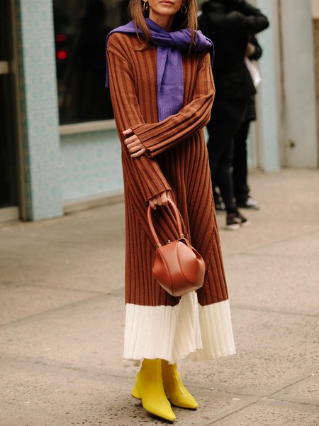 

Elegant Crew Neck Color Block Sweater Dress, Caramel, Maxi Dresses