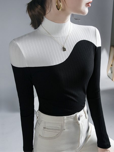 

Urban Long Sleeve Color Block Stand Collar T-Shirt, Black, Tees