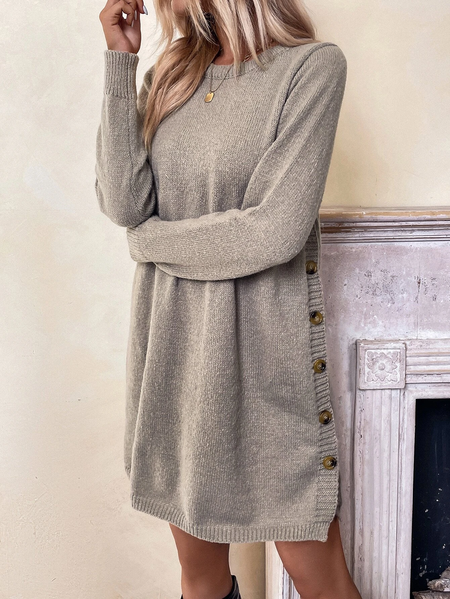 

Plain Wool/Knitting Casual Crew Neck Sweater Dress, Khaki, Dresses
