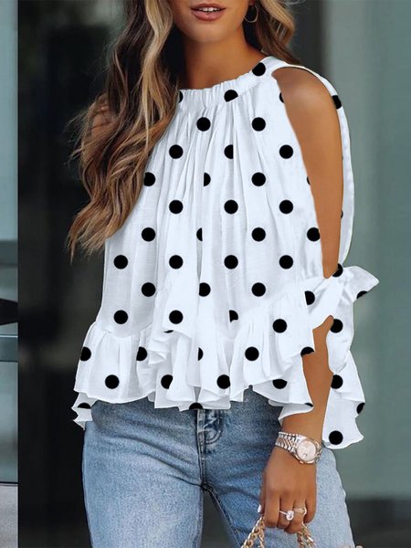 

Cold Shoulder Loose Vacation Polka Dots Blouse, White, Blouses and Shirts