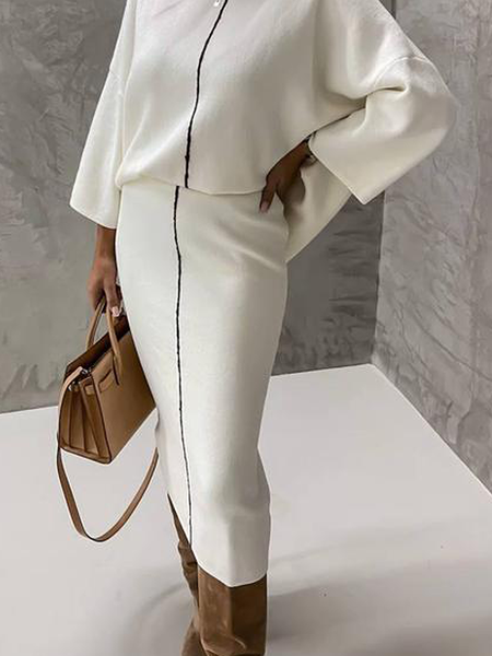 

High Elasticity Regular Fit Urban Color Block Midi Skirt, Off white, Skirts