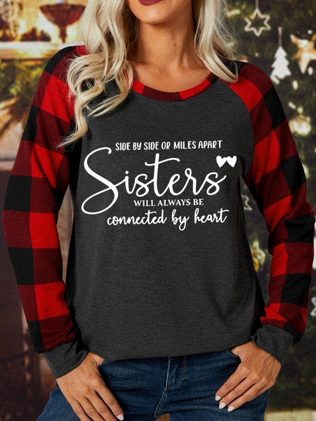 

Side By Side Or Miles Apart Sisters Will Always Be Connected By Heart Women's Long Sleeve Buffalo Plaid T-Shirt, Gray, Long sleeves