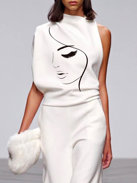 

Urban Loose Stand Collar Abstract Figure Blouse, White, Blouses and Shirts