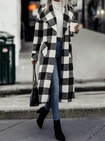 

Plaid Urban Shawl Collar Overcoat, Black-white, Outerwear