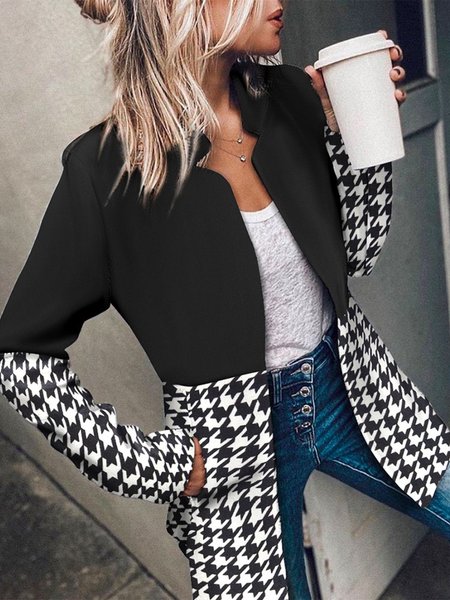 

Elegant Stand Collar Split Joint Houndstooth Blazer, Black, Blazers