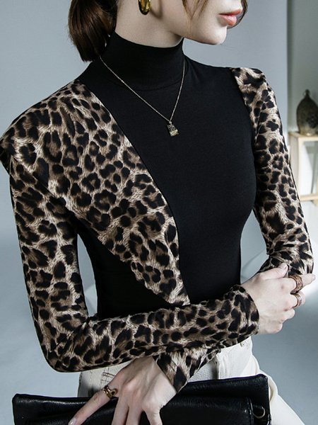 

Long sleeve Half Turtleneck Leopard Tight T-Shirt, Black, Tees