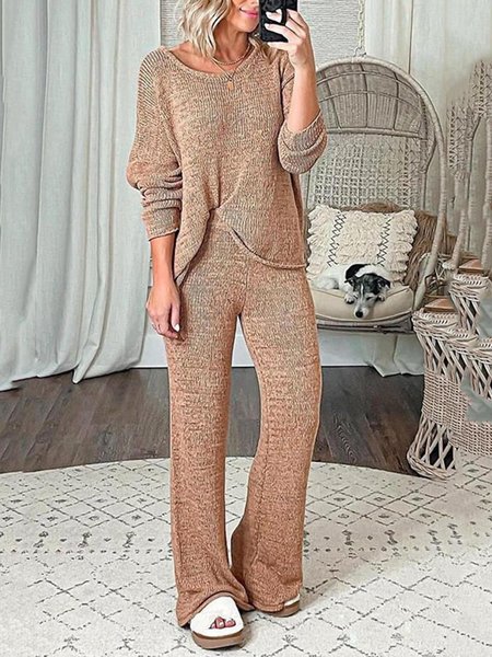 

Loose Crew Neck Two-Piece Set, Khaki, Suit Set