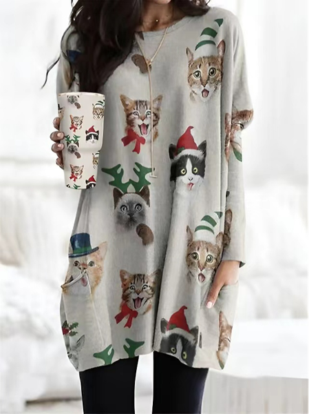 

Christmas Casual Crew Neck Cat dress, Gray, Mini Dresses
